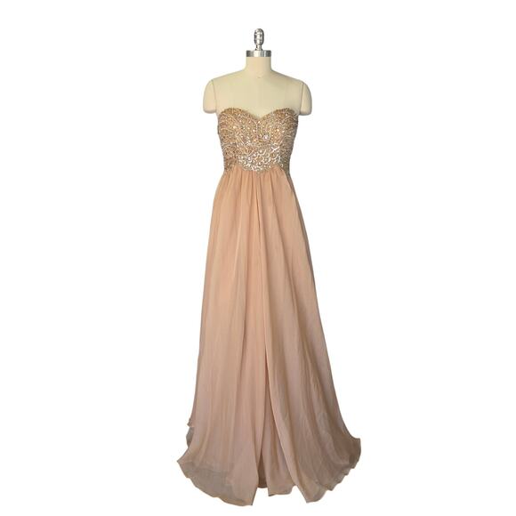 Sherri Hill Strapless Prom Dress Ball Gown Size S 4 Peach Chiffon Beaded - Picture 2 of 13